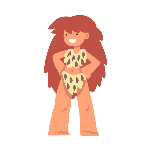 站立的原始妇女人物从石器时代穿着动物皮肤矢量插图图片下载