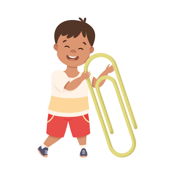 可爱的男孩与巨大的回形针作为学校文具矢量插图图片下载