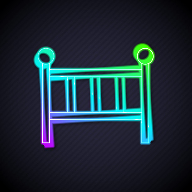 发光的霓虹灯线婴儿床摇篮床图标孤立在黑色背景。向量图片下载