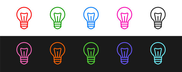 设置线灯泡与概念的想法图标隔离在黑白背景。能量和思想的象征。灵感的概念。向量图片下载