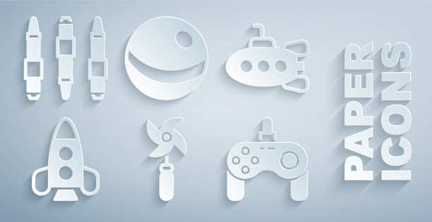 设定风车玩具，潜艇，火箭船，手柄，沙滩球和记号笔图标。向量图片下载