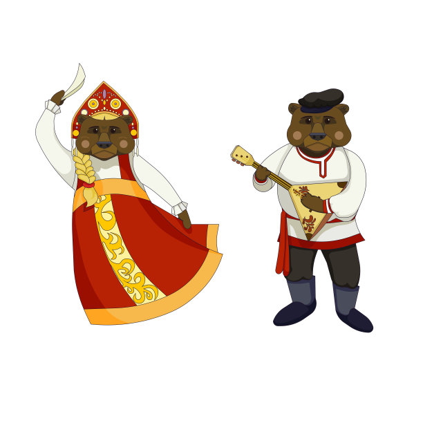 两只卡通西伯利亚熊在白色孤立的背景上跳舞和演奏巴拉莱卡，向量棕熊在传统的俄罗斯服装，俄罗斯文化的概念，野生动物和动物。图片下载