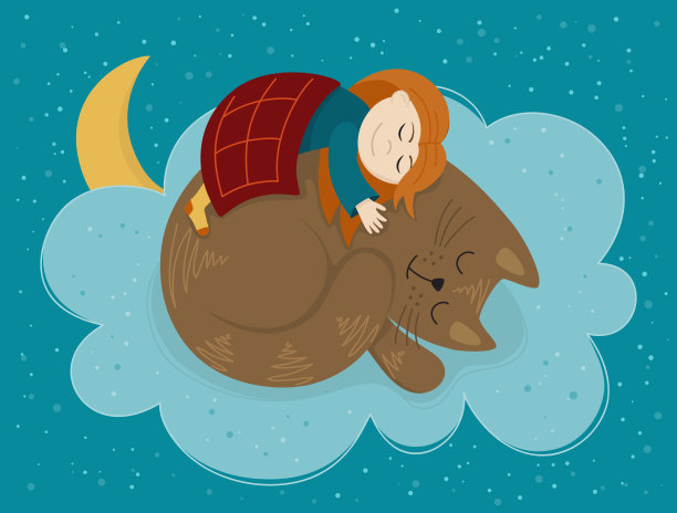 小女孩睡在猫身上。图片下载