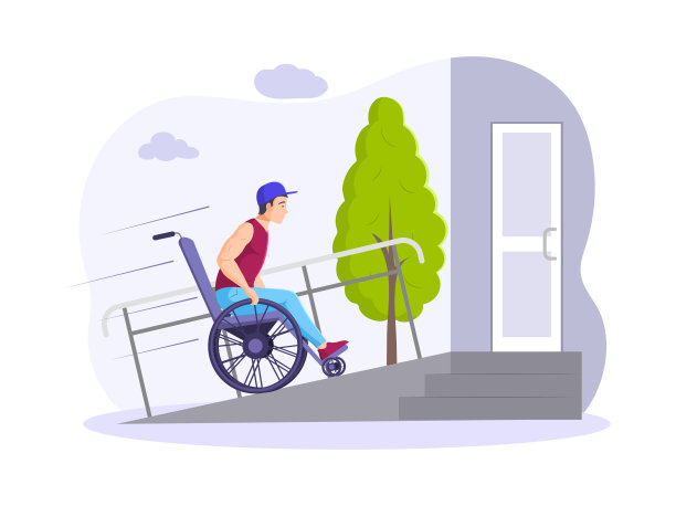 残疾人坐着轮椅进入大楼入口坡道。残疾人器材图片下载