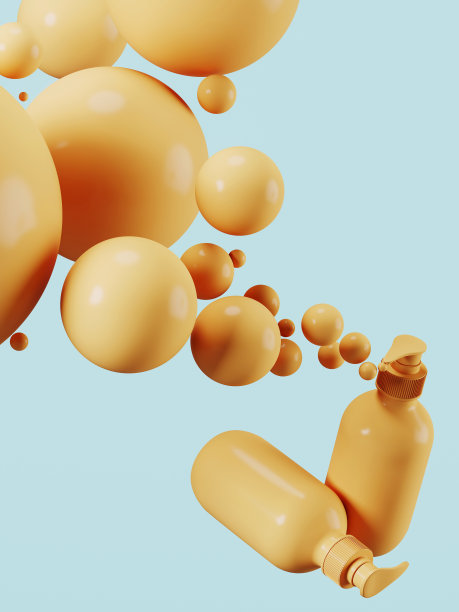 橙色化妆品瓶和球体在蓝色背景，3d渲染股票照片图片下载