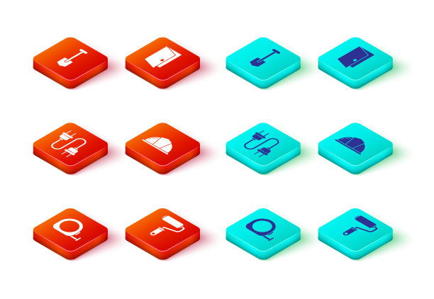 设置轮盘结构，油漆辊刷，电动插头，工人安全帽，关闭的门和铲子图标。向量图片下载