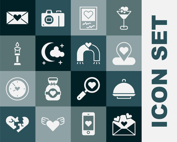 设置信封与情人节心，盖托盘，位置，相框和心，月亮星星，燃烧的蜡烛，和爱磁铁图标。向量图片下载