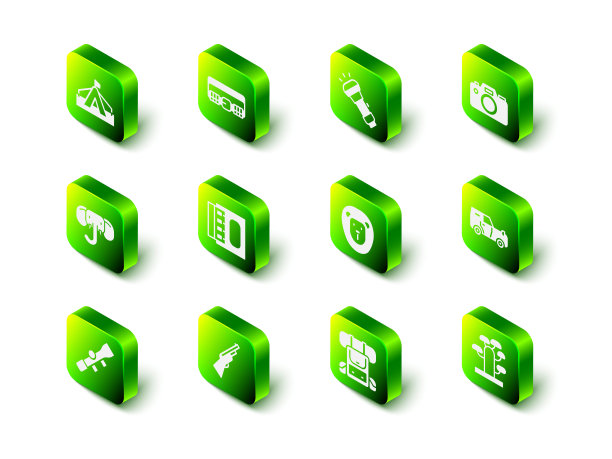 设置狩猎弹药带，手电筒，相机，越野道路，非洲树，野生狮子，徒步旅行背包和枪图标。向量图片下载