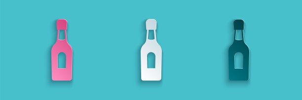 纸切割的香槟瓶图标孤立在蓝色背景。纸艺术风格。向量图片下载