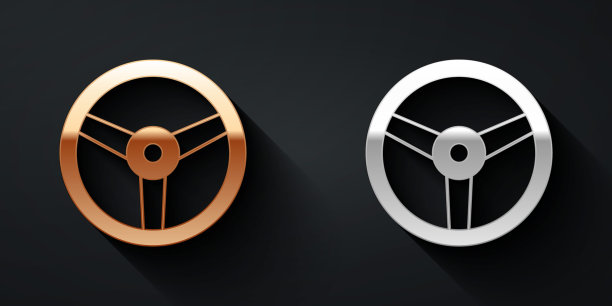 金色和银色方向盘图标隔离在黑色背景。汽车轮图标。长长的阴影风格。向量图片下载