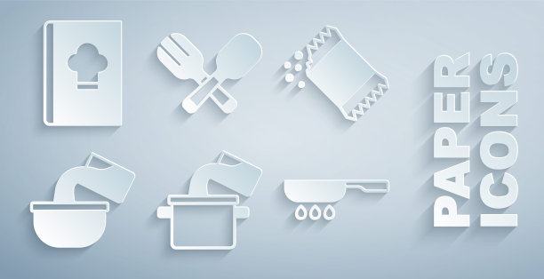 设置烹饪锅，包胡椒，平底锅，煎，交叉叉和勺子和食谱图标。向量图片下载