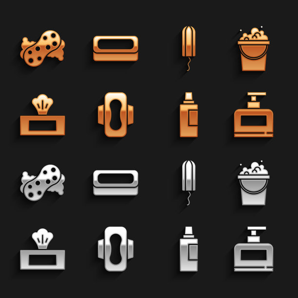 配备卫生巾，桶肥皂泡沫，一瓶洗发水，清洁剂，湿纸巾包，卫生棉条，海绵和酒吧图标。向量图片下载