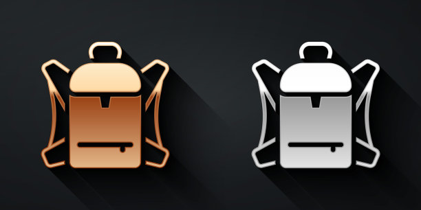 金色银色徒步背包图标，黑色背景隔离，长阴影风格矢量图图片下载