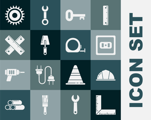 设置角尺，工人安全帽，插座，旧钥匙，铲子，交叉，圆形锯片和轮盘建设图标。向量图片下载