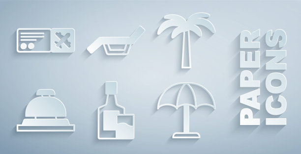 集威士忌酒瓶和玻璃，热带棕榈树，酒店服务钟，遮阳伞，太阳床和机票图标。向量图片下载