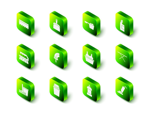 设置畚箕、洗衣粉、清洗剂瓶、熨衣板、吸尘器、带衬衫的盆、垃圾桶图标。向量图片下载