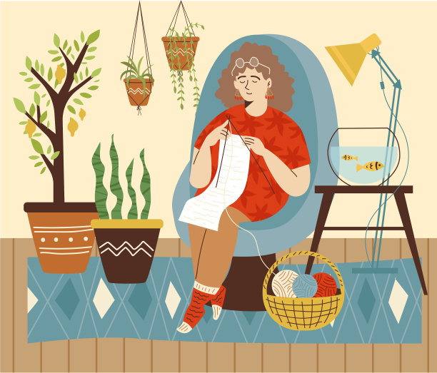 女人在可爱舒适的房间里编织室内植物图片下载
