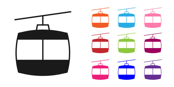 黑色缆车图标孤立在白色背景。缆索的迹象。设置图标丰富多彩。向量图片下载
