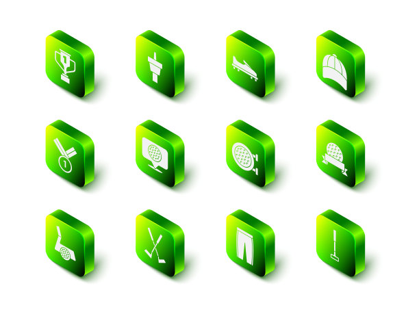 集合高尔夫球座，鞋，棒球帽，俱乐部，运动，裤子和交叉的高尔夫图标。向量图片下载