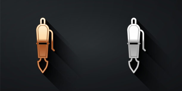 金色和银色的钢笔笔尖图标孤立在黑色背景。钢笔工具的迹象。长长的阴影风格。向量图片下载