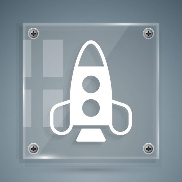 白色火箭船玩具图标孤立在灰色背景。太空旅行。方形玻璃面板。向量图片下载