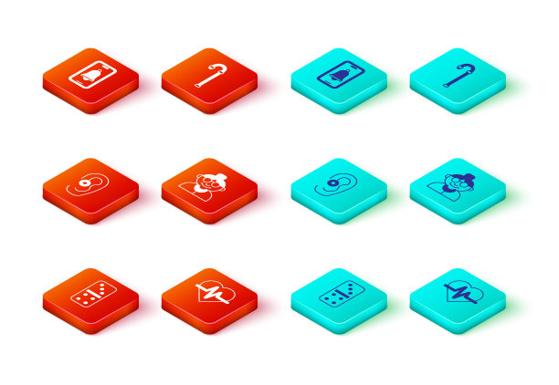 设置多米诺骨牌，心率，助听器，祖母，手杖和紧急电话图标。向量图片下载