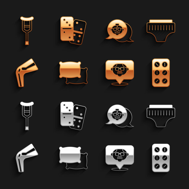 设置枕头，成人尿布，药丸在水泡包，祖父，骨头疼痛，祖母，拐杖或拐杖和多米诺图标。向量图片下载