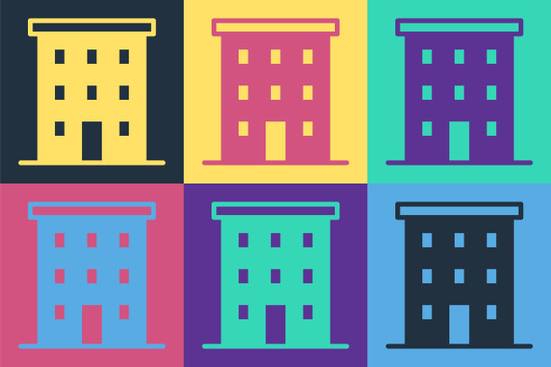 波普艺术多层建筑图标孤立在色彩背景。向量图片下载