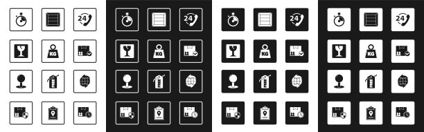 设置电话24小时支持，重量，易碎玻璃，快速交货，包装箱检查标记，木制，全球和Push pin图标。向量图片下载