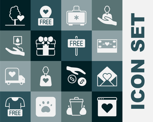 网上交友软件，情人节爱心信封，捐赠和慈善，急救箱，礼品盒，献血，志愿者团队植树和自由标志图标。向量图片下载