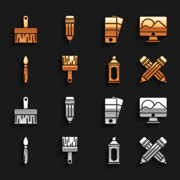 设置画笔，电脑显示器屏幕，交叉铅笔与橡皮擦，马克笔，调色板，铅笔图标。向量图片下载