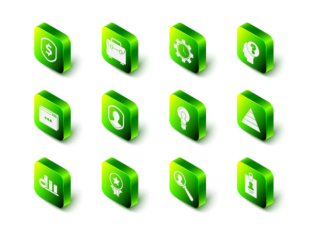 套装公文包，人头问号，金字塔图表信息图，识别徽章，灯泡概念的想法，放大镜搜索人和奖章的星星图标。向量图片下载