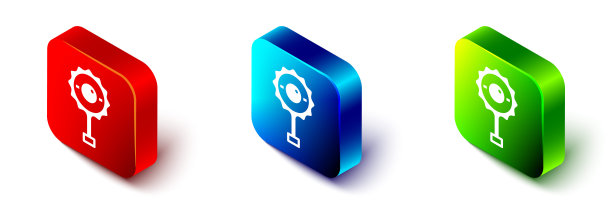 等距拨浪鼓婴儿玩具图标隔离在白色背景。豆袋的迹象。红、蓝、绿方形按钮。向量图片下载