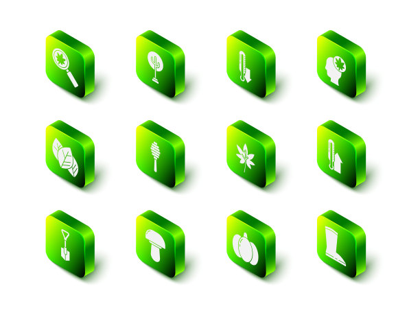 集树，气象温度计，人头与树叶，防水橡胶靴，树叶，南瓜和蘑菇图标。向量图片下载