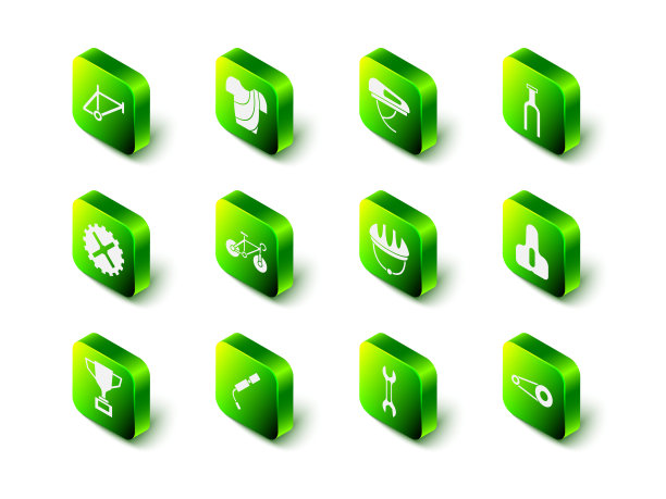 集合自行车t恤，自行车头盔，自行车叉，座椅，带齿轮的链条，扳手，气泵图标。向量图片下载