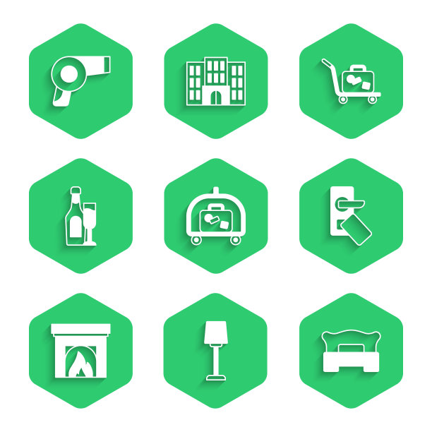 设置酒店行李车，台灯，卧室，数字门锁，室内壁炉，香槟瓶玻璃，手推车手提箱和电吹风图标。向量图片下载