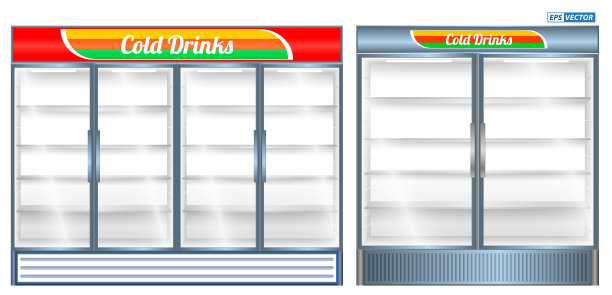 集现实冰箱橱窗隔离或商业冰箱冷却饮料冰箱冰箱或透明玻璃冰箱橱窗。每股收益向量图片下载