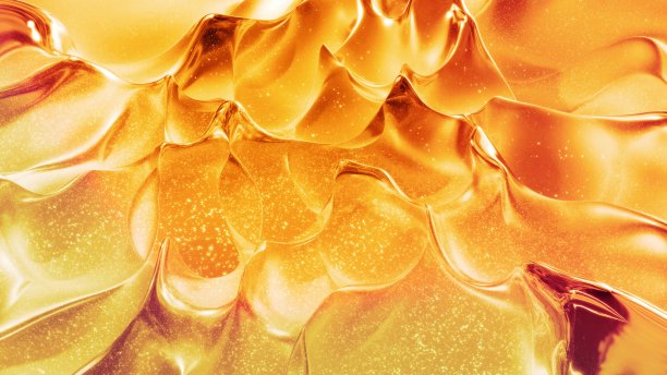 抽象的背景与波浪形闪闪发光的金色液体图案在光泽光滑的表面。粘稠的黄色液体，类似金箔或灿烂的玻璃表面。美丽的创意节日背景。三维渲染图片下载