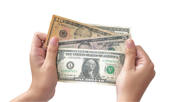 手与美元隔离在白色背景上。图片下载