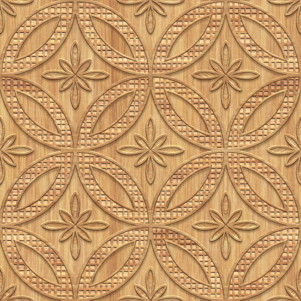 雕刻花卉图案木材背景无缝纹理，拼接图案，3d插图图片下载