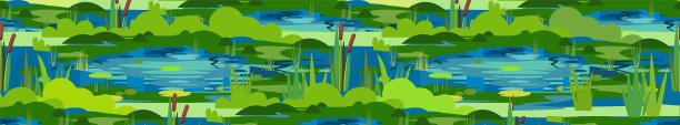带水库的景观。无缝模式。植物，草，芦苇和香蒲。小沼泽、池塘、湖或水坑。Miltic设计平直风格。说明向量图片下载
