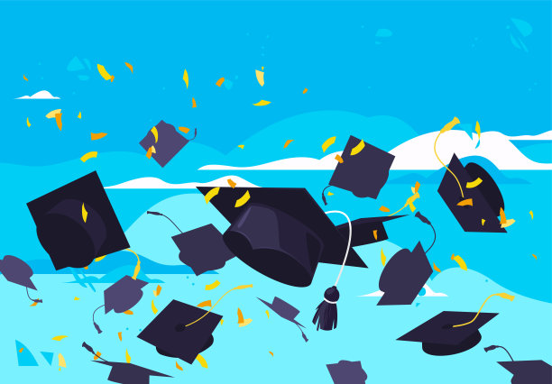 矢量插图的学生毕业帽子在空中飞行与金色的五彩纸屑在蓝色的天空背景图片下载