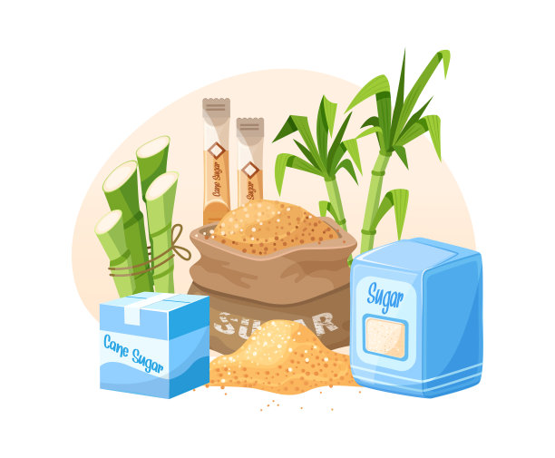 新鲜甘蔗糖与茎叶植物固定。甘蔗植物，甘蔗糖块和方糖，玻璃瓶朗姆酒，竹子，朗姆酒液体。天然有机酒精工业食品载体图片下载