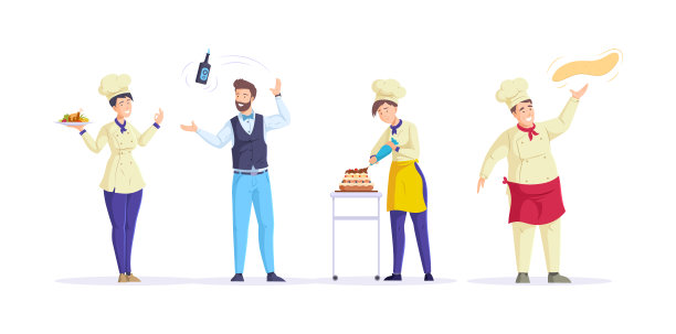 餐厅员工厨师，厨师，服务员，酒保。公共餐饮服务人员。厨房工人厨师在自助餐厅烹饪食物，女服务员送餐，厨师准备甜蛋糕图片下载