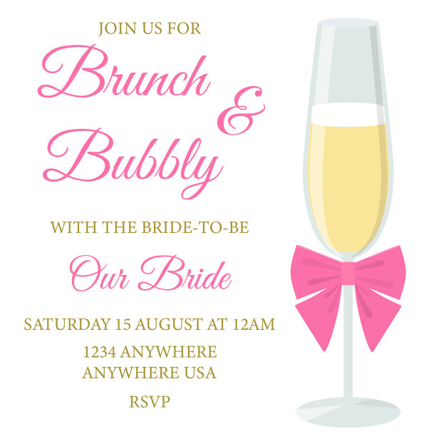 早午餐和泡沫。新娘送礼会请柬，还有香槟和粉色蝴蝶结图片下载