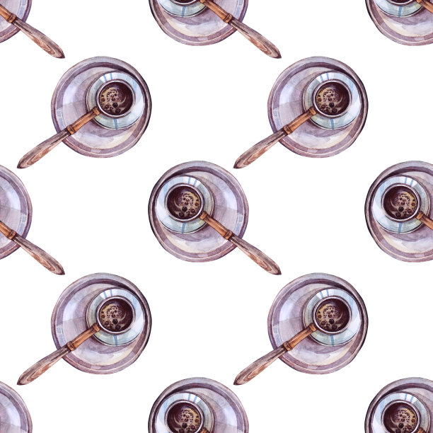 无缝图案水彩土耳其cezve从上面俯瞰板上的观点。旧的金属和木头咖啡壶，用于在白色的早晨热香味饮料。手绘背景菜单，烹饪书，咖啡馆，贴纸图片下载