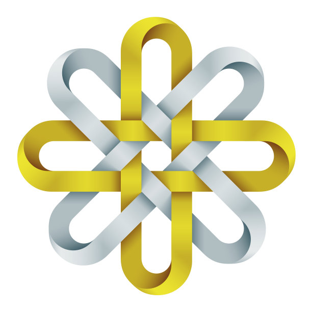 凯尔特双十字形状，由金色和银色的莫比乌斯条纹交织而成。古老的精神象征。图片下载