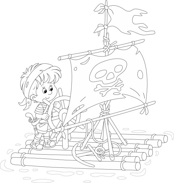 小男孩在玩具木筏上玩海盗游戏图片下载