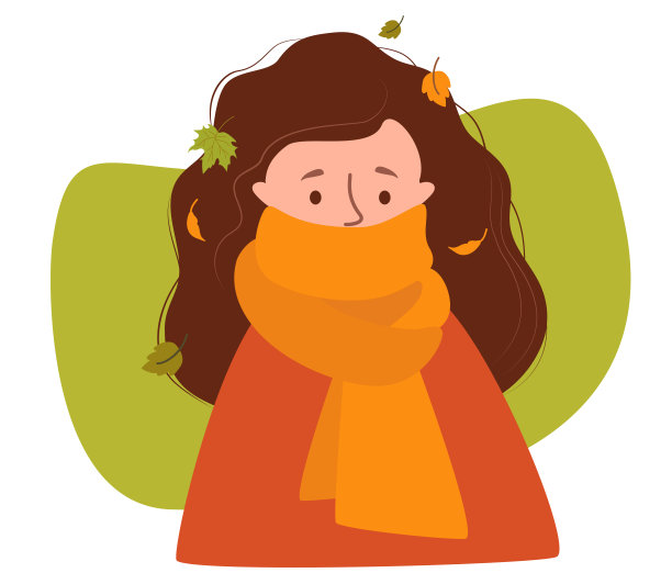 秋天女孩的肖像。一个裹着暖和围巾的女人，背景是秋叶。矢量插图。在秋天的设计，装饰，海报，卡片和化身的扁平风格的字符图片下载