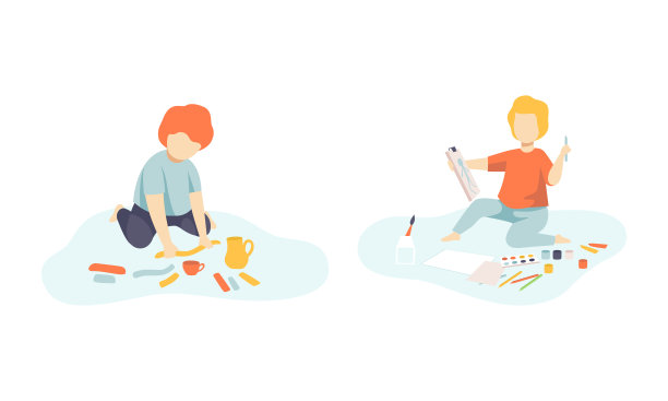 创意男孩坐在地板上建模从橡皮泥和绘画与水彩画向量集图片下载